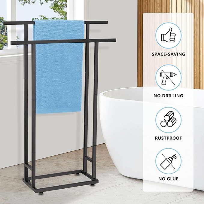 Standing Towel Racks for Bathroom, 2 Tier Bathroom Floor Free Standing Towel Rack, Tall Enough Pool Bath Drying and Dispaly Outdoor Stand for Storage, Black Freestanding Blanket Holder, ALHAKIN