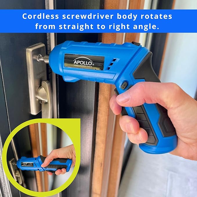 Apollo Tools 81-Piece Home Tool Set with 3.6V Li-Ion USB Cordless Screwdriver, Rotating Handle, LED Light, Hand Tools & Picture Hanging Kit – Compact Household Repair & DIY Kit, Blue/Gray DT2020