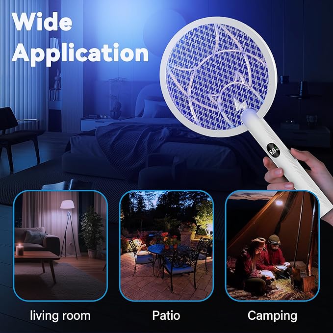 Electric Fly Swatter Racket,2 in 1 Mosquito Bug Zapper 4100V Handheld Mosquito Killer with 1800 mAh Rechargeable Battery, Purple Light and 3-Layer Safety Mesh for Indoor Outdoor Grey Two-Pack