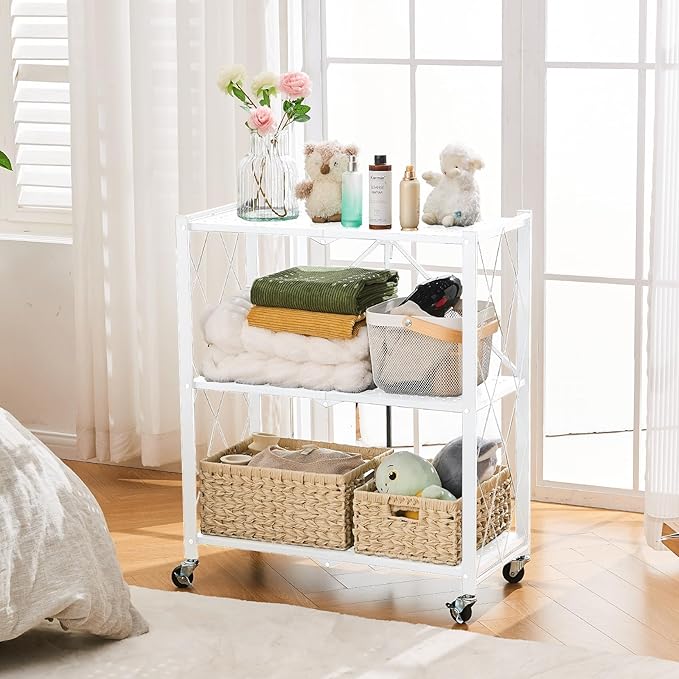 BRIAN & DANY 3-Tier Foldable Storage Shelves with Wheels, No Assembly Folding Shelf Metal Rack, Shelving Unit for Kitchen, Garage, White