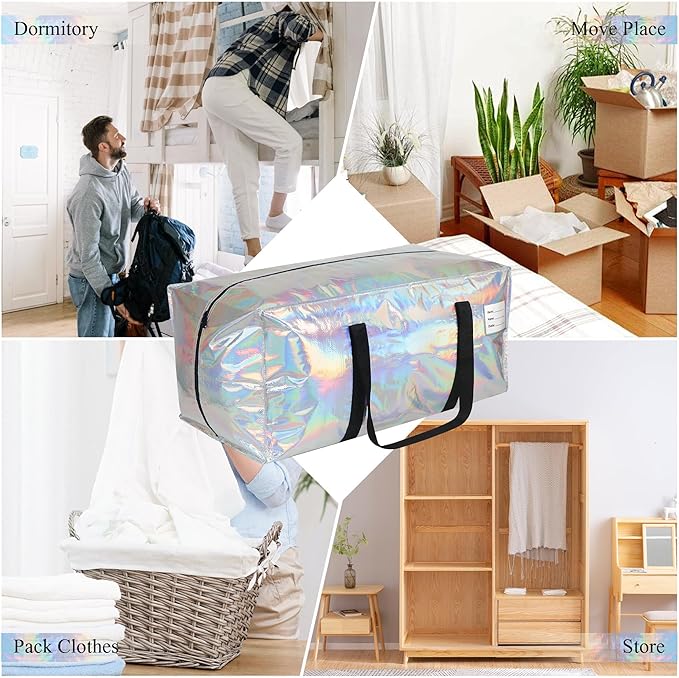 JCBZAMZ 4 Pack Heavy Duty Moving Bags Extra Large Waterproof Foldable Clothing Storage Totes Bags with Zipper,Reinforced Handles,Packing Moving Boxes for Dorm & Seasonal Storage,Iridescent