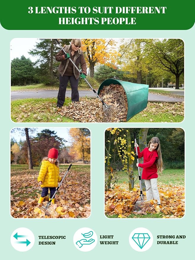 Adjustable Metal Leaf Rake Set Garden Rake for Leaves Long Handle 37"-63" Expandable Head Gardening Tools Set Includes 44 Gallon Bag & Scoop & Gloves Rakes for Lawns Heavy Duty for Yard Lawn Garden