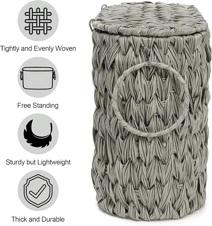 Pumtus Toilet Paper Storage Basket, Handwoven Toilet Paper Holder with Lid & Handle, Large Decorative Container for up to 6 Rolls, Plastic Trash Bin Magazine Organizer for Bathroom, Office