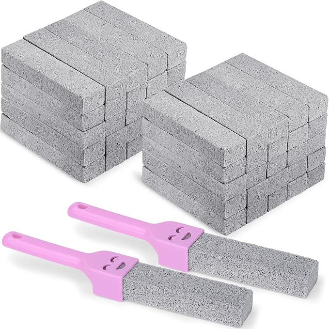 50 Pack Pumice Stones Bulk for Cleaning - Grey Pumice Scouring Pad with 2 Universal Handles, Pumice Stick Cleaner for Removing Toilet Bowl Ring, Bath, Household, Kitchen, Pool, 5.9 x 1.4 x 0.9 Inch