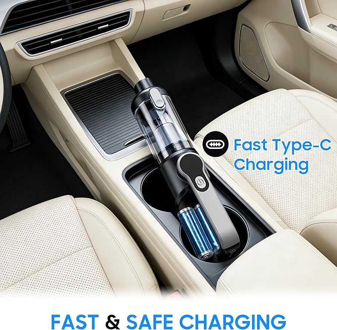 Cordless Handheld Car Vacuum Cleaner for Car Interior, Strong Suction Portable Vacuum for Pet Hair & Quick Home Cleaning, Rechargeable with LED Light & Attachments