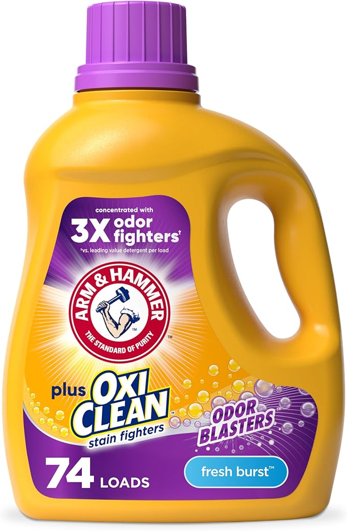 ARM & HAMMER Plus OxiClean with Odor Blasters Liquid Laundry Detergent, Laundry Odor Remover, Attacks Stains, Fresh Burst Scent, 74 Loads, 96.2 Fl Oz