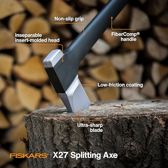 Fiskars X27 Super Splitting Axe, 36" Wood Splitting Axe for Medium to Large Size Logs with Shock-Absorbing Handle, Split Firewood, Forged Steel Blade, Bushcraft Gear and Camping Hatchet