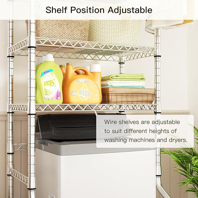 Ulif U11 Medium Over Washer and Dryer Shelves, 3 Tiers Laundry Room Storage and Organizer Standing Shelf, Metal Freestanding Clothes Drying Rack, 31.1" W x 19.7" D x 77.6" H, Chrome