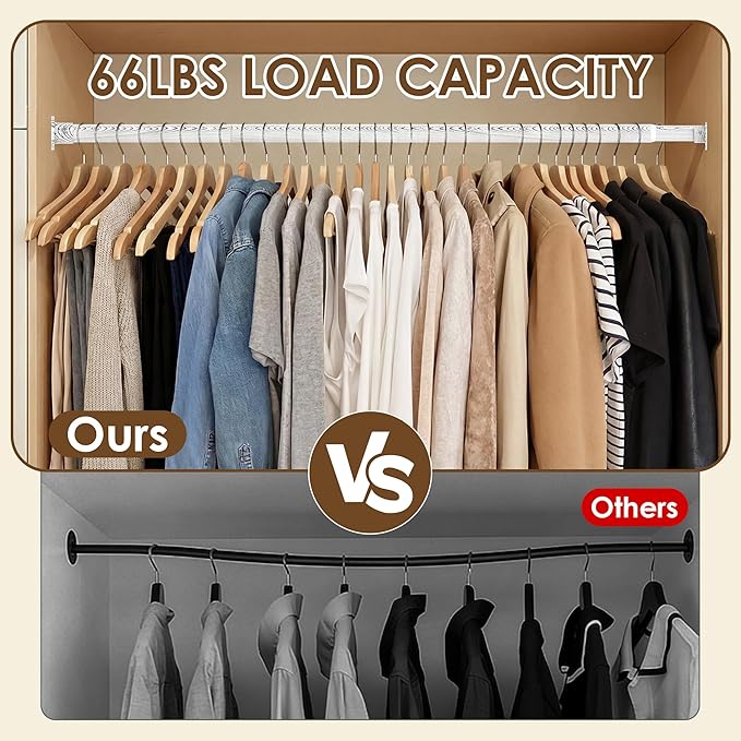 Closet Rod 17-63 Inches，1.3 Inch Diameter Heavy-Duty Adjustable Closet Rods for Hanging Clothes Closet Hanging Rod Metal Closet Poles for Wardrobes Laundry RV Bathroom（White Wood Grain Finish）