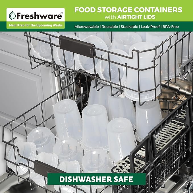 Freshware Food Storage Containers [50 Set] 8 oz Plastic Deli Containers with Lids, Slime, Soup, Meal Prep Containers, BPA Free, Stackable, Leakproof, Microwave, Dishwasher and Freezer Safe