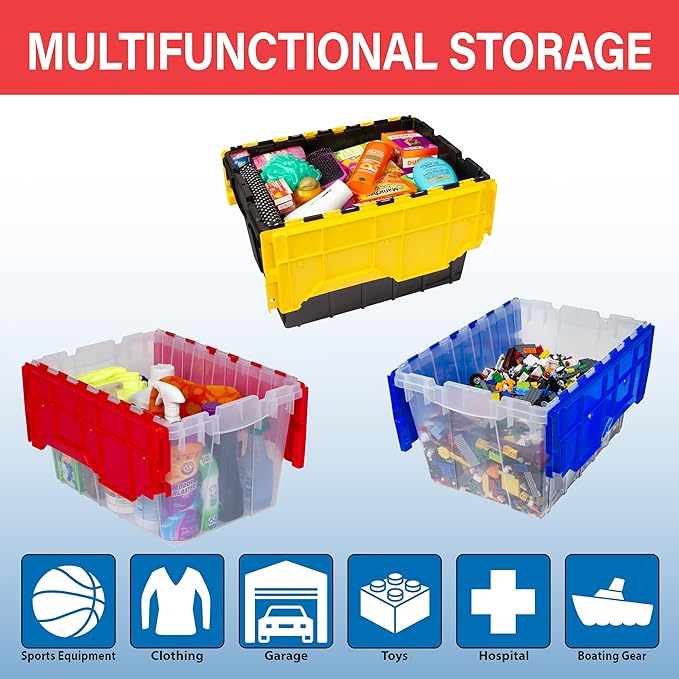 Akro-Mils KeepBox 12 Gallon Storage Container, Nesting and Stackable Plastic Storage Box with Lid Attached, Clear Tote for Garages, Closets, and Moving, 21-1/2" x 15" x 12-1/2", Clear/Blue, 6-Pack
