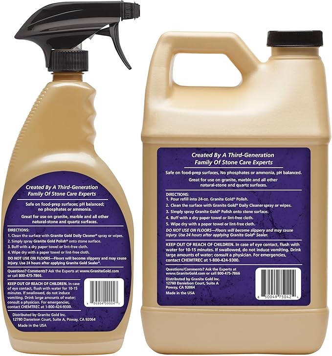 Granite Gold Polish Spray, Streak-Free Shine for Granite, Quartz, Marble, Travertine, Natural Stone Countertops, 64 Fluid Ounces and 24 Fluid Ounces