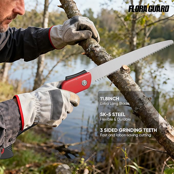 FLORA GUARD Folding Hand Saw 12-Inch, Heavy Duty SK5 Steel Pruning Saw with Hard Teeth for Wood Cutting, Tree Trimming, Camping & Gardening