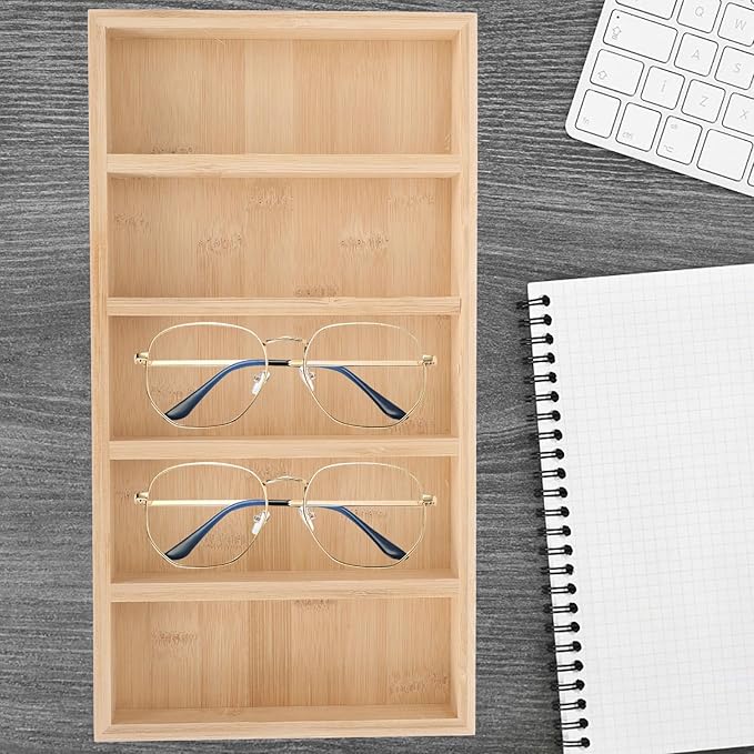Ciieeo Wooden Sunglasses Tray and Glasses Organizer Eyewear Display Rack for Home and Shop, Multi-Grid Glasses Holder with 5pcs Set for Tabletop Storage