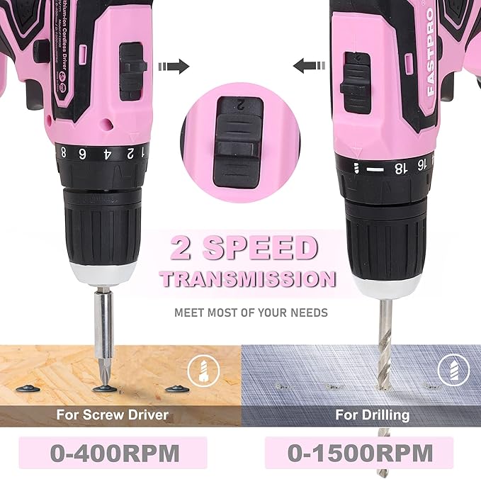 FASTPRO 232-Piece 20V Pink Cordless Lithium-ion Drill Driver and Home Tool Set, Lady's Repairing Kit with 12-Inch Wide Mouth Open Storage Bag