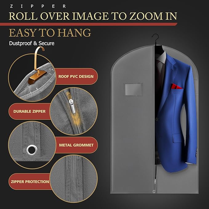 10 Pack 40-inch Suit Bag Garment Bag for Travel and Storage, Garment Bags for Hanging Clothes with Zipper and Visible Transparent Window, Gray