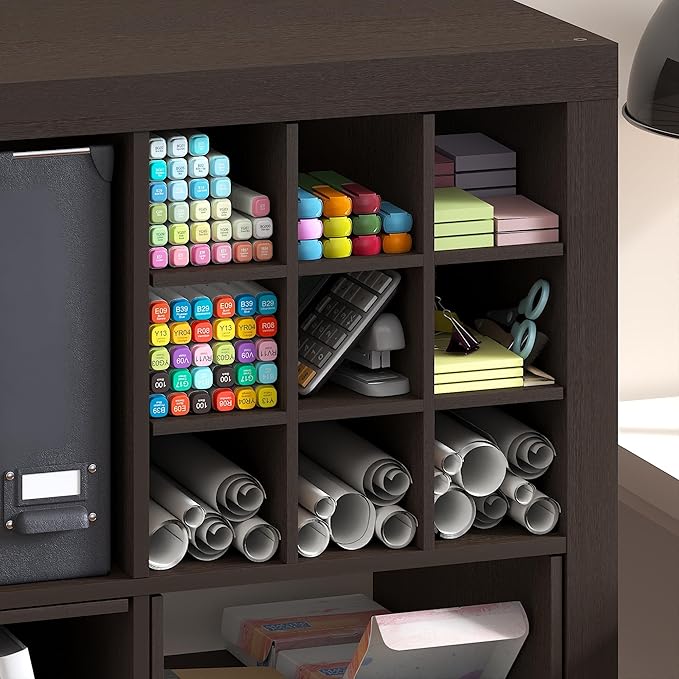 Furinno Cubicle Cube Insert, 9-Compartment Cube Organizer, Geometric Shelf Accessory, Fits into Furinno Triple Thick Cubes, IKEA Kallax, for Organizers and Storage, Black Dark Oak