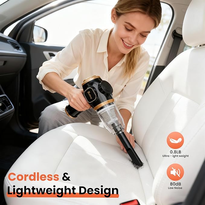 Brushless Motor Portable Cordless Car Vacuum Cleaner – 25000 Pa High Power, LCD Display, Rechargeable Handheld Vacuum for Car, Home, Office | Efficiently Removes Pet Hair, Sofa (Black & Gold)