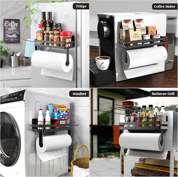 DELITON Magnetic Paper Towel Holder for Fridge - Black Paper Towel Roll Holder with Shelf for Grill Strong Magnetic Heavy Duty, Kitchen Refrigerator Organization Spice Rack with 2 Hooks No Drill
