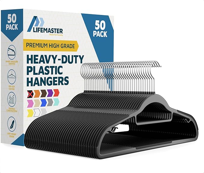 Lifemaster Versatile Clothes Hanger Set - 50 Pieces Space-Saving Dry and Wet Clothes Hanger Set with 360° Swivel Hook and Non-Slip Rubber Design - Black