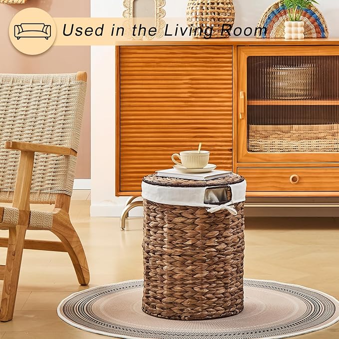 Round Water Hyacinth Laundry Hamper with Lid Handwoven Wicker Basket with Handles for Dirty Clothes, Storage, and Organization, No Assembly Required, 40L