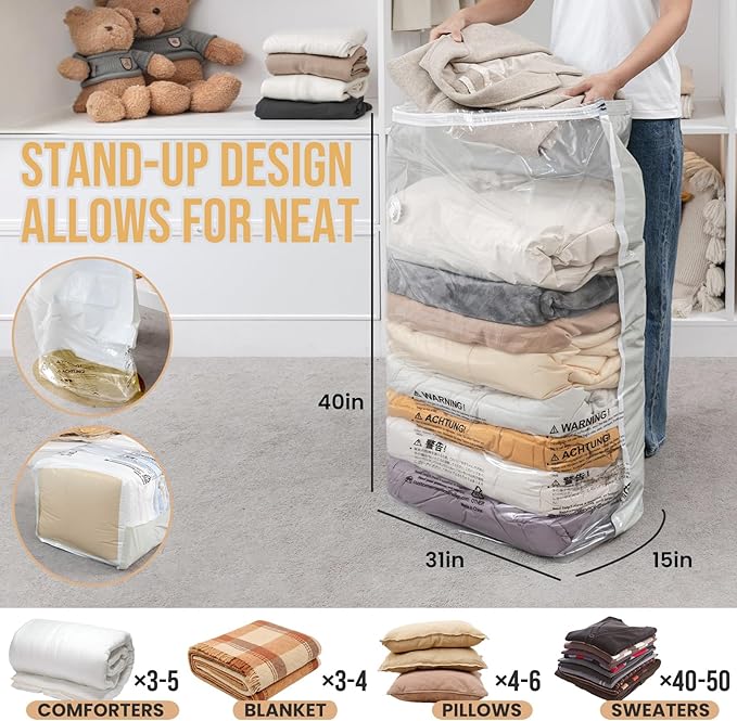 TAILI 8 Pack Vacuum Storage Bags, Jumbo Cube (31x40x15 Inch), Extra Large Vacuum Seal Bags for Clothes, Comforters and Blankets, Bedding, Closet Organization, Cream
