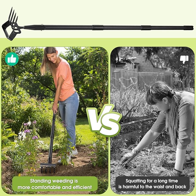 INFLATION Heavy Duty Metal Gardening Weed Puller Tool 4 Tines Prong 2-in-1 Herb Stripper Yard Rake for Women Kids Men Garden Grandpas Weeder 32-62 inch Long Adjustable Handle