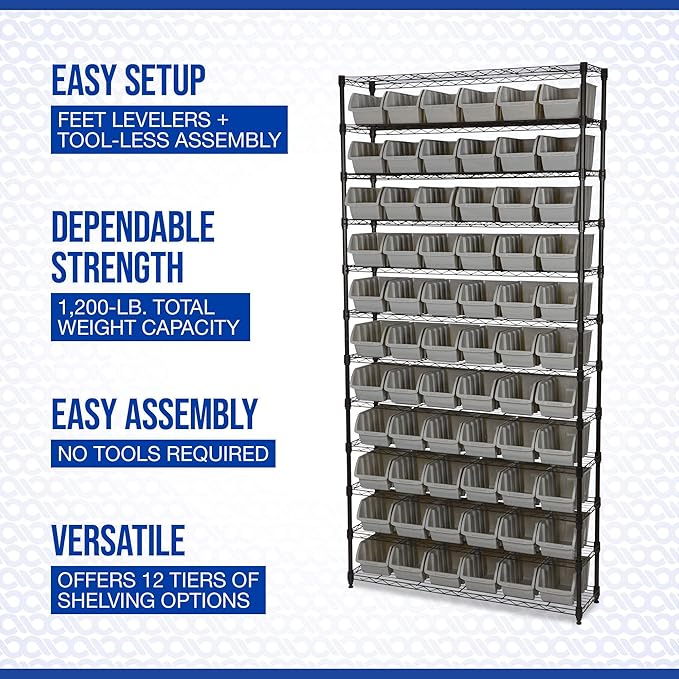 Strongway 12-Tier Single Side Wire Shelving Unit with 66 Bins - 39.5in.L x 16in.W x 80.5in.H