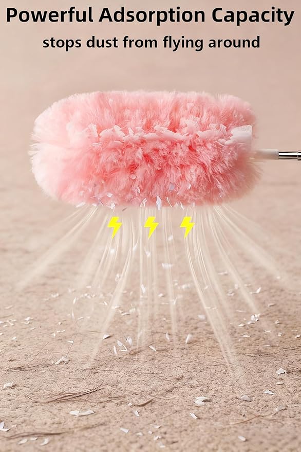 Heavy Duty Duster Refills, Disposable Dusters Kit for Cleaning Dusting Furniture Blind Ceiling Fan, Multi Surface 360 Feather Duster(10)+3FT Extended Handle（1） (Pink)