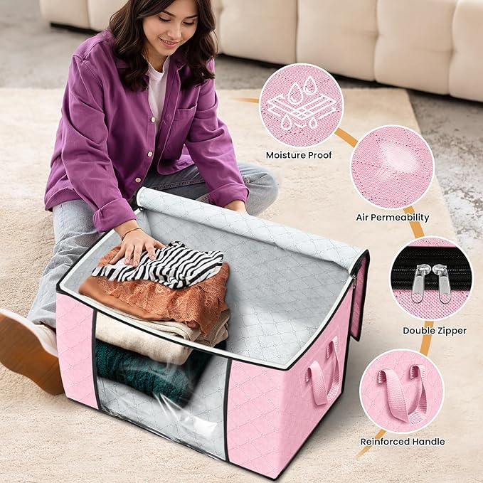 Fab totes 24 Gallons Clothes Storage, Foldable Thick Fabric Blanket Storage Bags, Containers for Organizing Bedroom, Closet, Clothing, Comforter, Organization with Handle (6 Pack,Pink)