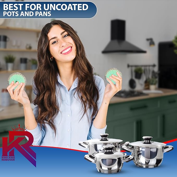 Amazon Brand | Pack of 4 | Ring King Stainless Steel-Wrapped Sponge Scrubbers | Heavy Duty Scouring Pads - Individually Wrapped for Dishes Pots, Pans, and Ovens