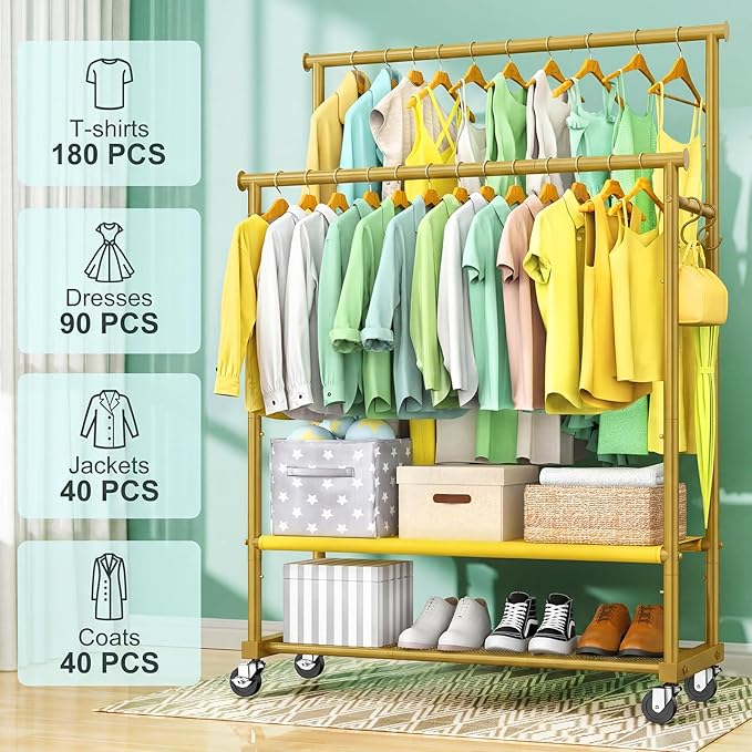 Double Rods Clothes Rack for Hanging Clothes, Heavy Duty Rolling Clothing Rack with Wheels, Freestanding Garment Racks with Oxford Bottom Shelf and Mesh Bottom Shelf for Bedroom Laundry (Gold)