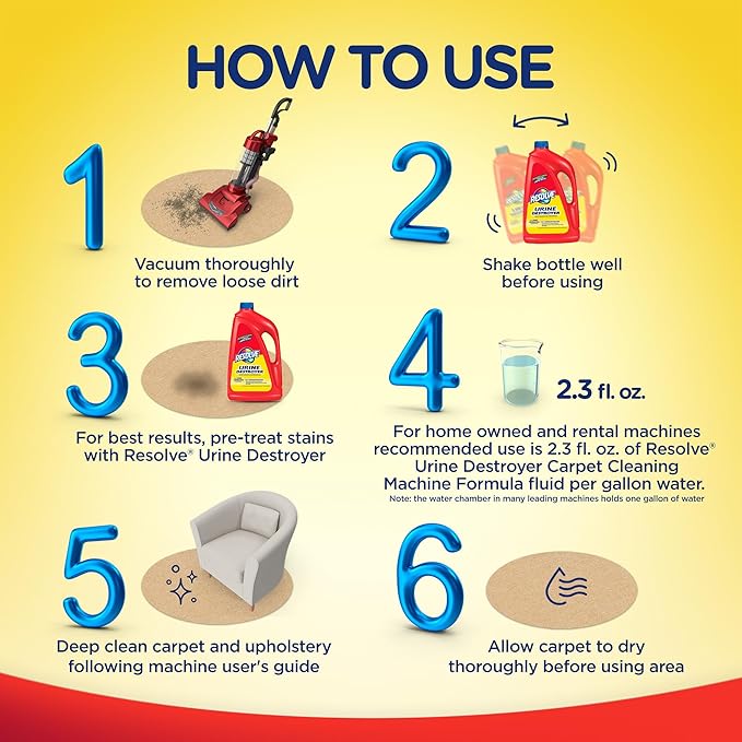 Resolve Urine Destroyer Steam Carpet Cleaner Solution – 2X Concentrated Formula Urine Eliminator for Pet Stains & Odors, Safe for Bissell, Hoover & Rug Doctor, 60 fl oz