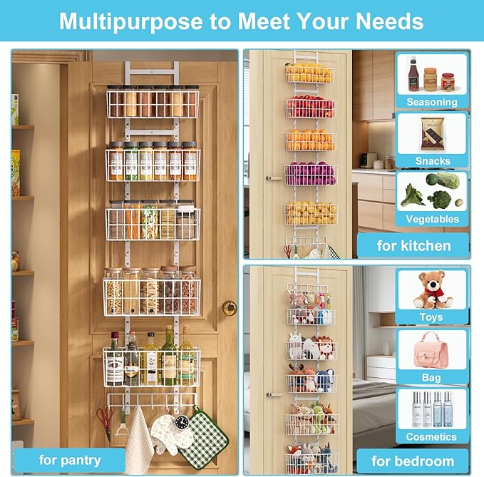 Hongtamoya Over The Door Organizer, Hanging Door Organizer with 5 Metal Baskets, Behind The Door Storage for Pantry Closet Bedroom Bathroom Cabinet Kitchen, White