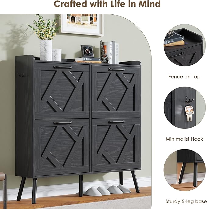 Nicetree Shoe Cabinet, Shoe Storage Cabinet for Entryway, Farmhouse Narrow Shoe Rack Cabinet with Metal Legs, Foyer, Hallway,4 Flip Drawers,Black