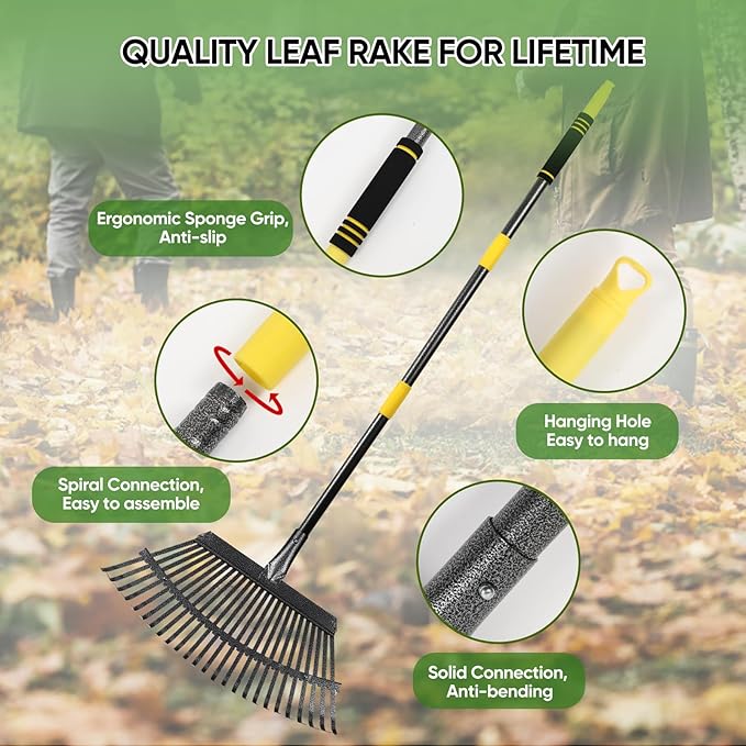 Garden Leaf Rakes, 6FT Rake for Lawns Heavy Duty 25 Metal Tines 18.5 inch Wide, Adjustable Steel Handle, Rakes for Leaves, Gathering Shrub, Grass, Yard