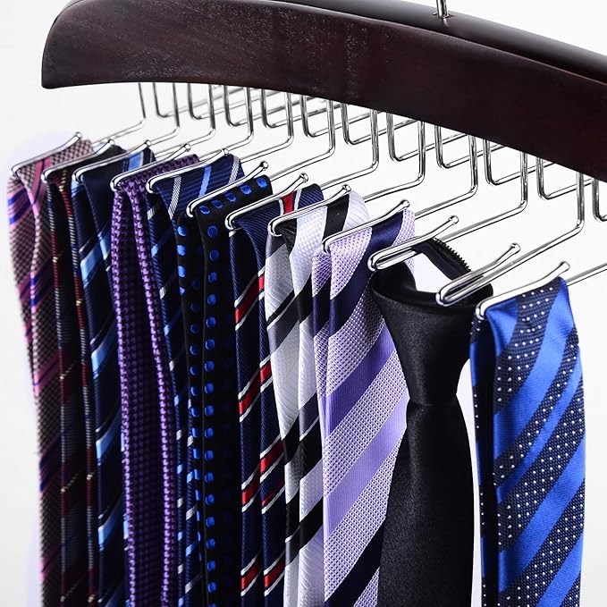 Tie Rack Hanger for Closet: Ohuhu 2 Packs 24 Folding Hooks Tie Hangers for Men Wooden Tie Holder Organizer Space Saving Necktie Storage 360 Degree Rotating Ties Belts Scarves Tank Tops-Walnut