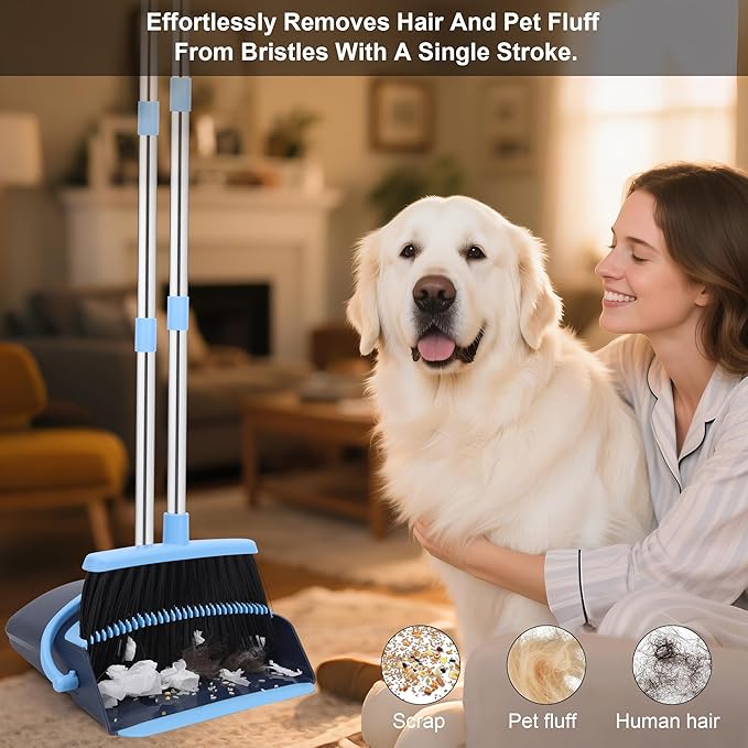 Broom and Dustpan Set for Home 2026 Indoor Outdoor Broom with Dustpan Combo Set Upright Dust Pans with Long Handle Angle Broom for Kids Garden Pet Hair Lobby Wood Floor Kitchen