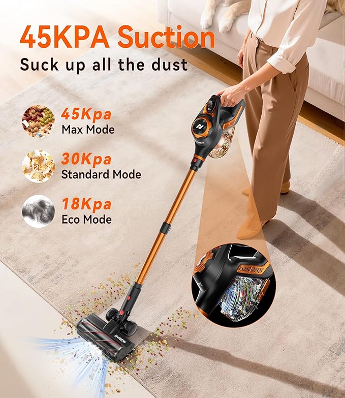 Nvriow Cordless Vacuum Cleaner for Home, 45Kpa Stick Vacuum, Max 80mins Runtime, 1.5L Dust Cup, Rechargeable Lightweight Handheld Vacuum for Carpet/Hardwood Floor/Pet Hair/Car (Sunset Orange)