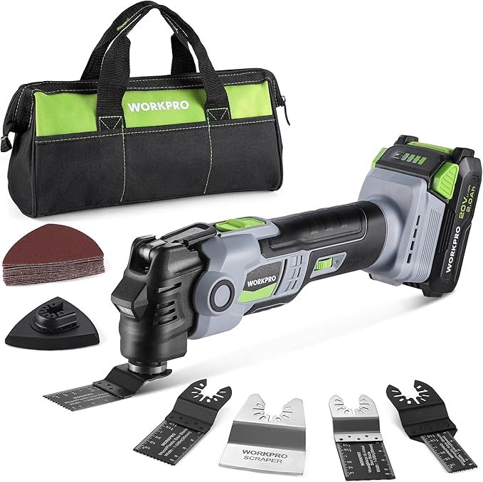 WORKPRO 20V Oscillating Tool Kit, Cordless and Brushless 19,000 RPM Orbiting Multi Tool with 6 Variable Speeds, 3.6°Oscillation Angle, 21pcs Saw Accessories, 1 Rechargeable Battery and Carrying Bag