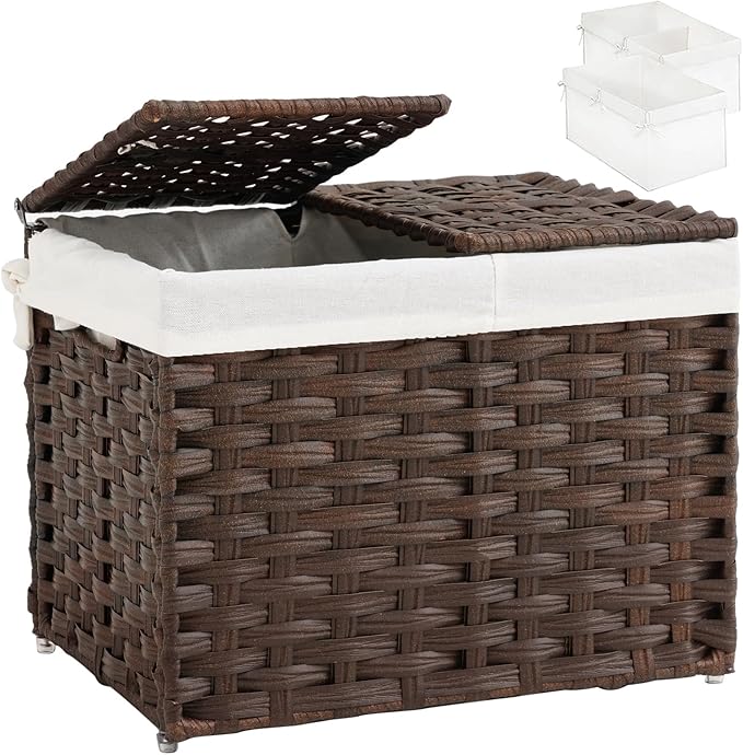 Storage Basket with Lid Woven Wicker Baskets with 2 Separate Lid, 9.2 Gallon (35 L) Wicker Storage Bins with Handles, Foldable and 2 Removable Liner Bags for Bedroom, Laundry Room Brown