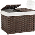 Storage Basket with Lid Woven Wicker Baskets with 2 Separate Lid, 9.2 Gallon (35 L) Wicker Storage Bins with Handles, Foldable and 2 Removable Liner Bags for Bedroom, Laundry Room Brown