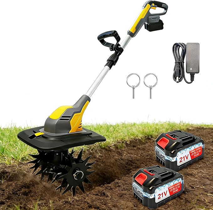 Electric Garden Tiller Cultivator, Cordless Rototiller for Gardening with 2X4.0Ah Batteries & Charge & LCD Display, 9-Inch Tilling Width, 6.6-Inch Depth Tiller for Soil Cultivation, Weeding