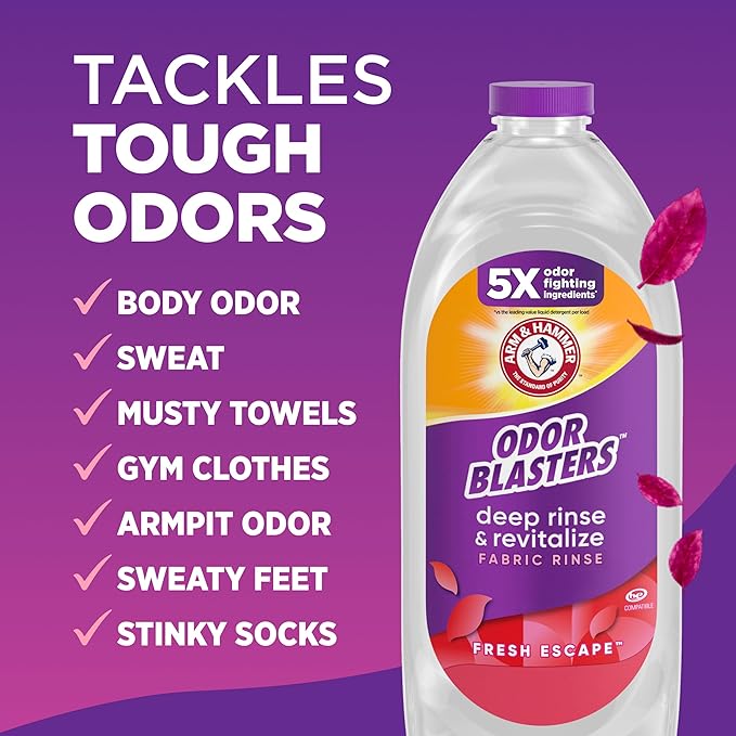 ARM & HAMMER Odor Blasters Deep Rinse and Revitalize Fabric Rinse, Laundry Additive, Eliminates Sweat and Musty Odors, Fresh Escape Scent, 50 fl oz