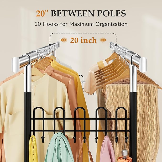 Gewudraw Heavy Duty Clothes Rack with Metal Basket, 1060 LBS Rolling Double Rod Garment Rack, Portable Extendable Clothing Rack with Wheel for Bedroom, Laundry Room & Retail Store