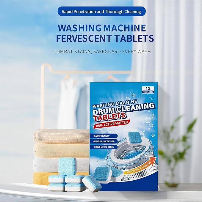 Truey Washing Machine Drum Cleaning Tablets, Deep Cleaning for Front Loader, Top Load & HE Washers, Helps Remove Odor-Causing Residues, Pet Hair & Hard Water Buildup (12 tablets)