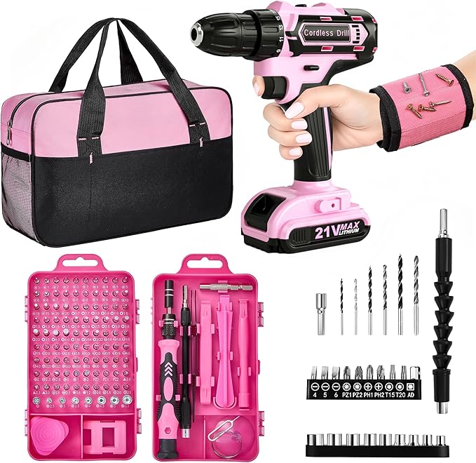 Pink Cordless Drill Set 142 Pcs, 21V Pink Power Drill Tool Set Kit with Storage Bag, Electric Drill Set for Women, Precision Screwdriver set, Magnetic Wristband, for Home DIY Projects