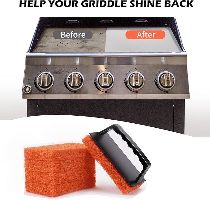 Griddle Cleaning Pads for Blackstone Flat Top, Non-Scratch Grill Scrub Pads, Bathroom Scrubbing Pads, Pool Scrub Brush, Shower Tile (5 Pads + Handle)