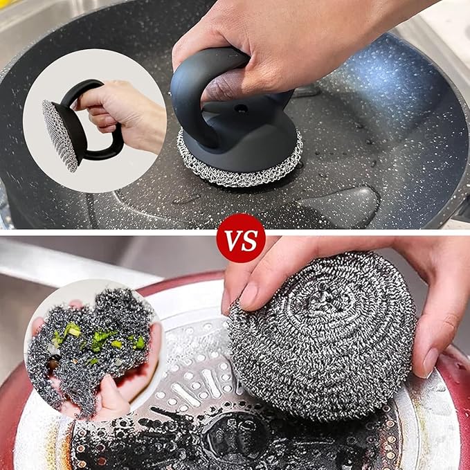 MEIXINZHI Cast Iron Cleaner, Chain Mail Scrubber & Pan Grill Scrapers - 2 in 1 Cast Iron Skillet Cleaner (Black, Without mat)