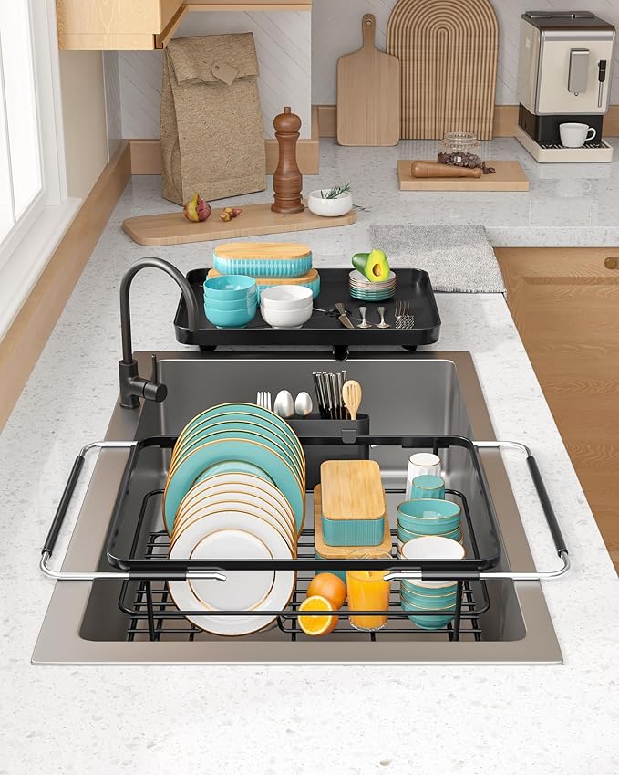 Sakugi Extendable Dish Drying Rack Over Sink with Dish Drainer, Sink Organization and Storage Essentials with Silverware & Utensil Holder, Home and Apartment Decor, 12" W x 16.1~23" L, Black
